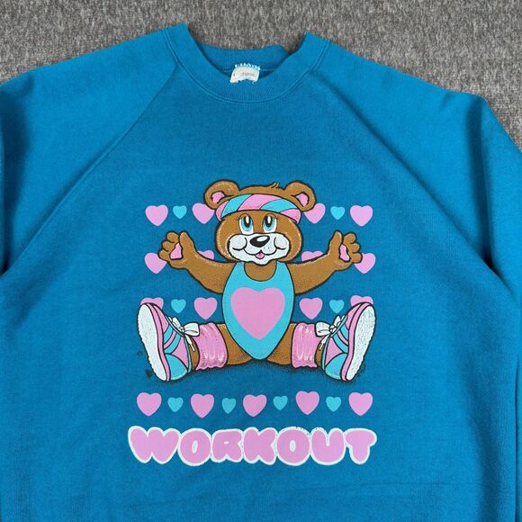 Vintage Workout Teddy Bear Sweatshirt Adult Large Blue Cute Gym USA Crewneck 90s - Picture 2 of 6
